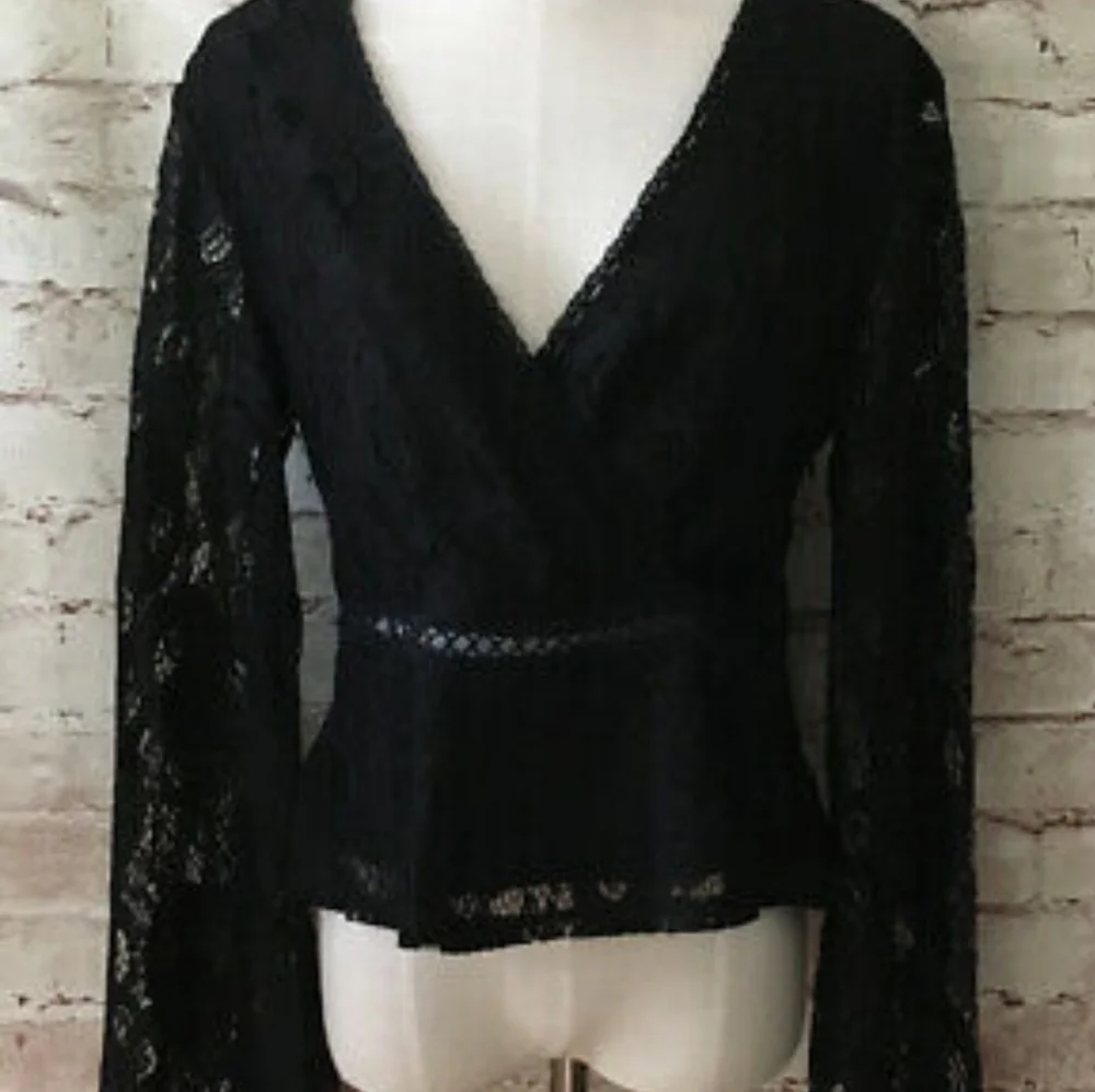 Black Lace Peplum Surplice Wrap Style Blouse